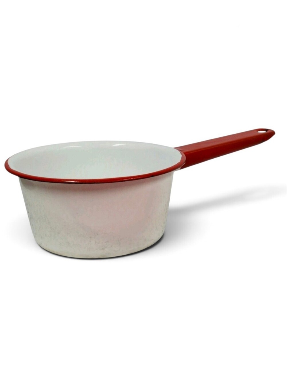 Vintage Red White Enamelware Saucepan Cookware Farmhouse Kitchen Collectible